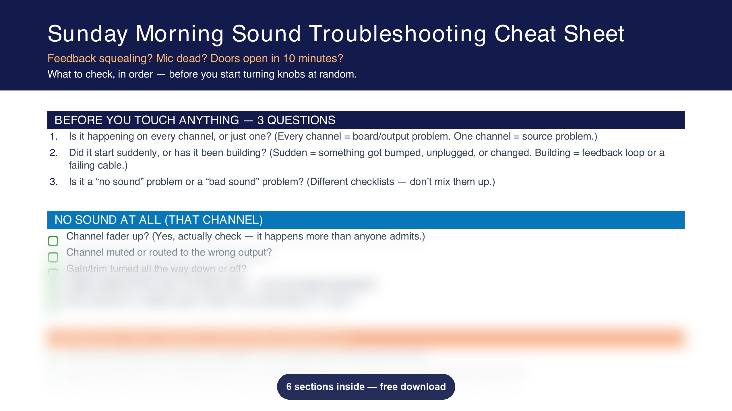 Preview of the Sunday Morning Sound Troubleshooting Cheat Sheet — sign up to get the full, unblurred PDF
