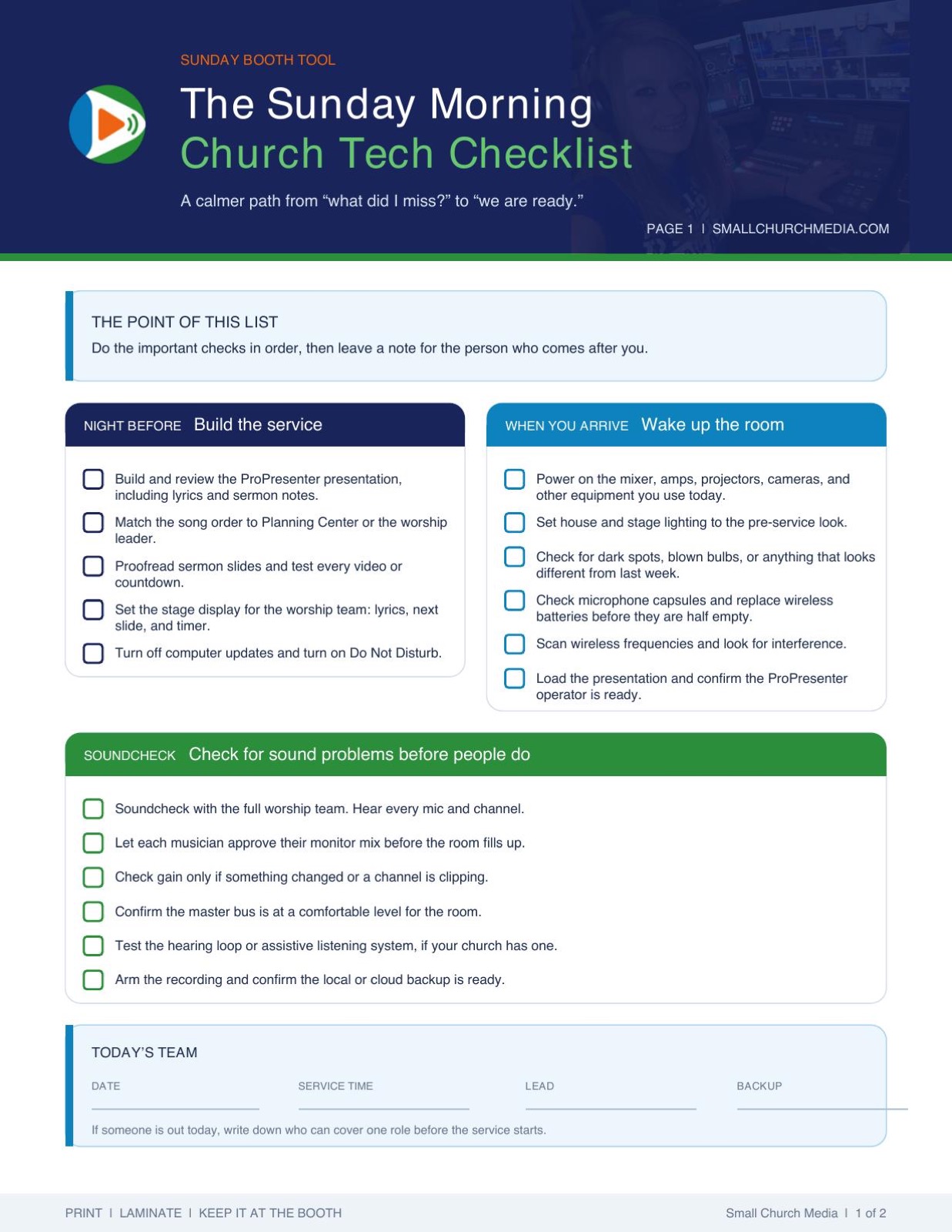 Preview of the redesigned Sunday Morning Church Tech Checklist