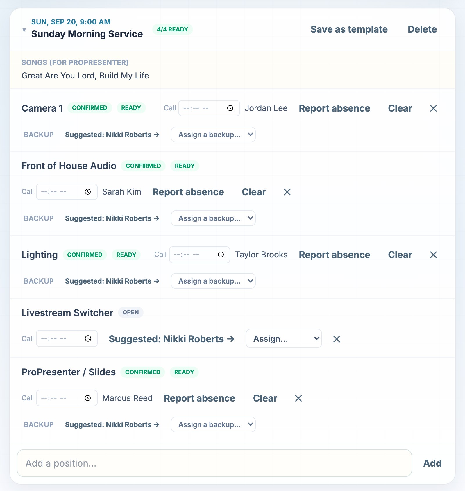SundayReady app scheduler showing confirmed volunteers, backups, and call times for Sunday's service positions