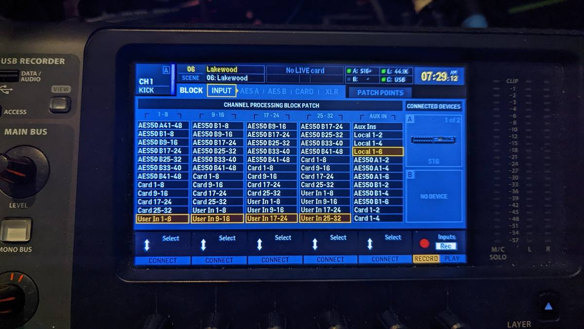 An X32 touchscreen showing a routing page where signal sources such as local inputs, the card, and AES50 are assigned.