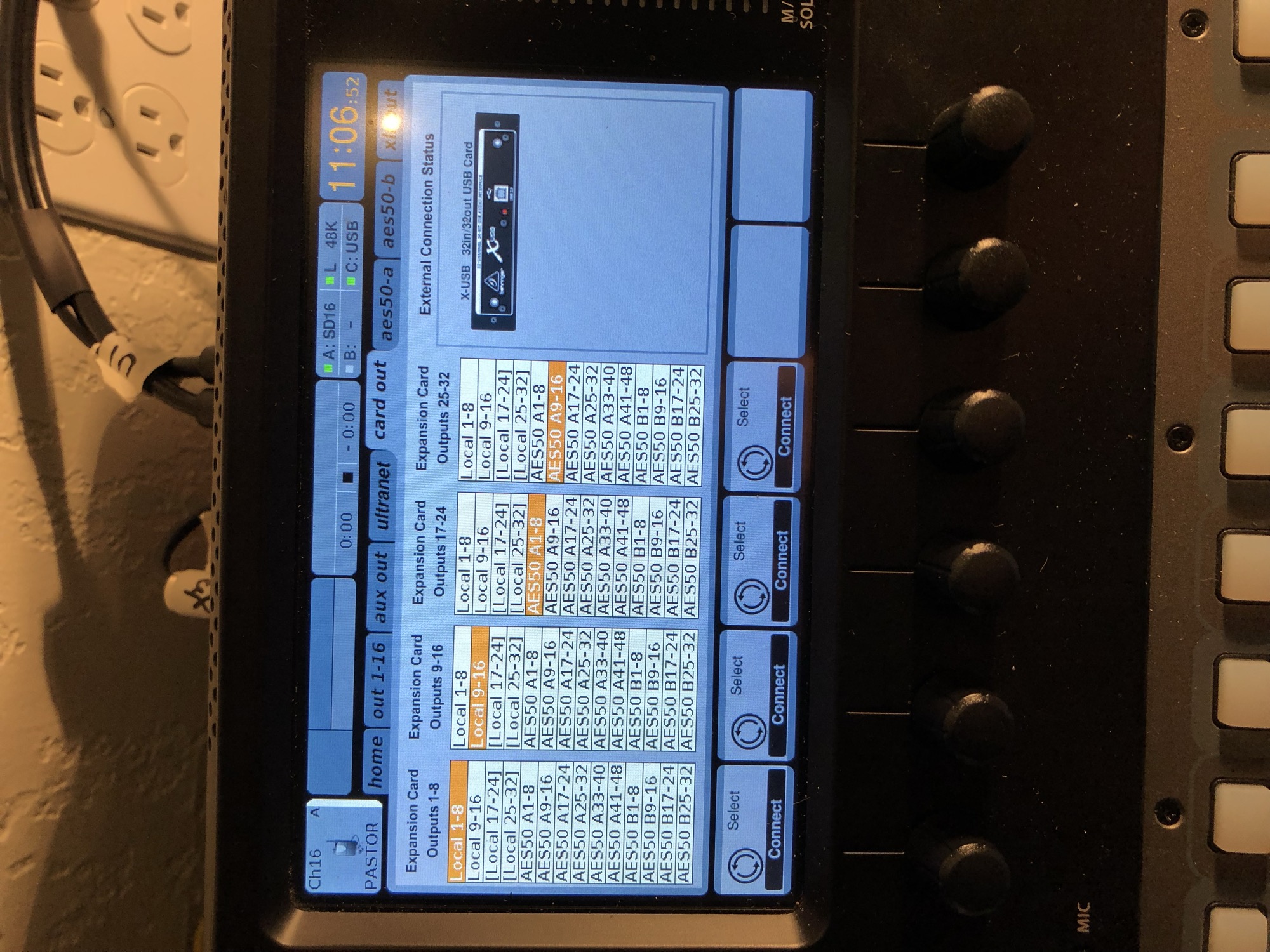 Digital mixer touchscreen showing a routing view